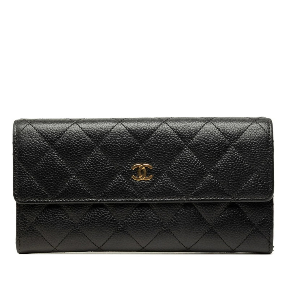 Chanel Coco Mark Matelassé Long Wallet, Black and Gold, Caviar Leather, Women's.